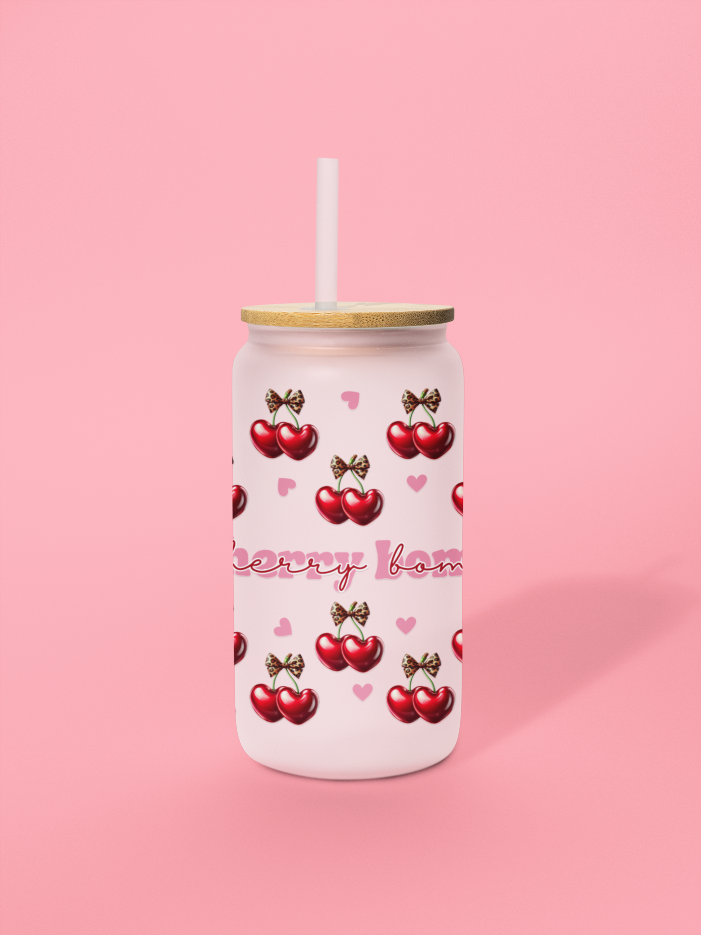 Cherry Bomb Glass Sipper Cup, Cute Retro Leopard Print 16oz, Reusable Drinkware