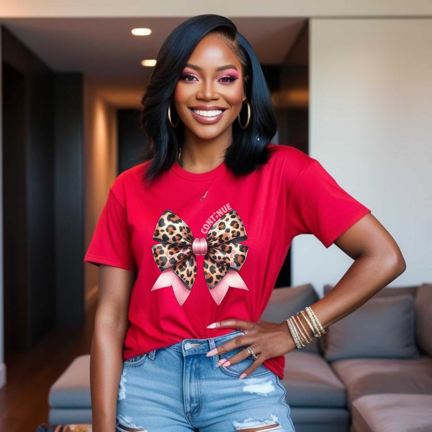 Leopard Print Coquette Bow Tee, Cute Graphic Tee for Women, Mental health awareness shirt