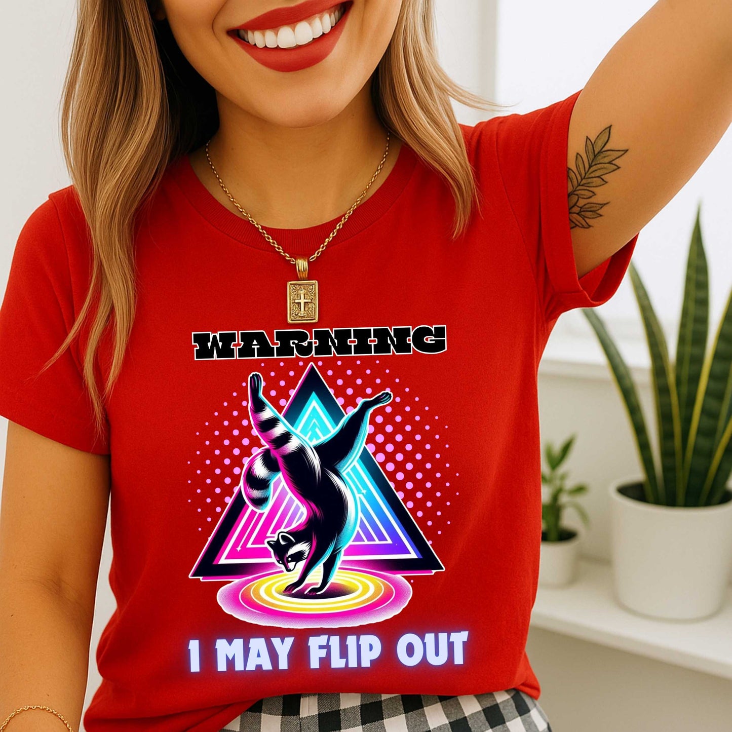 Funny Sarcastic Raccoon Shirt, Warning I May Flip Out Graphic Tee, Animal Humor T-Shirt for Men & Women, Retro Geometric Tee