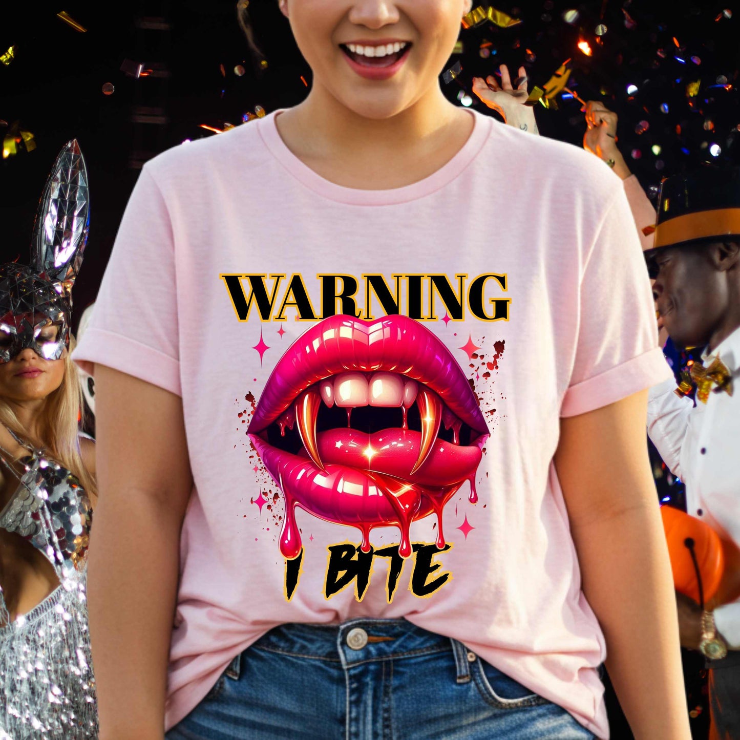 Funny Sarcastic Vampire Lips Halloween Shirt, Warning I Bite Graphic Tee