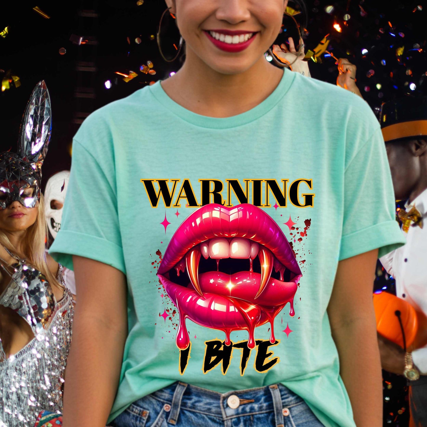 Funny Sarcastic Vampire Lips Halloween Shirt, Warning I Bite Graphic Tee