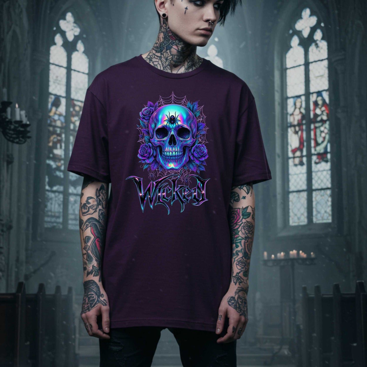 Wicked Gothic Sugar Skull Shirt for Halloween, Iridescent Skull Edgy Halloween Graphic T Shirt