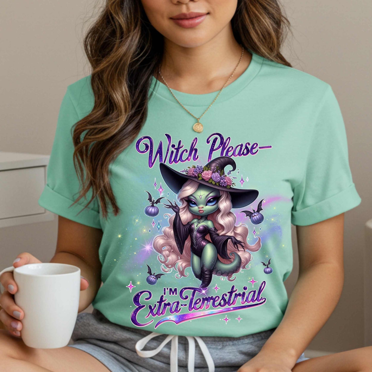 Funny alien witch Halloween shirt with “Witch Please, I’m Extra-Terrestrial” for women who are out of this world and fully over Earth people. Featuring a glam galaxy babe in witch gear, this tee brings spooky sarcasm, space vibes, and a whole lot of sass.