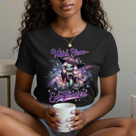 Funny alien witch Halloween shirt with “Witch Please, I’m Extra-Terrestrial” for women who are out of this world and fully over Earth people. Featuring a glam galaxy babe in witch gear, this tee brings spooky sarcasm, space vibes, and a whole lot of sass.