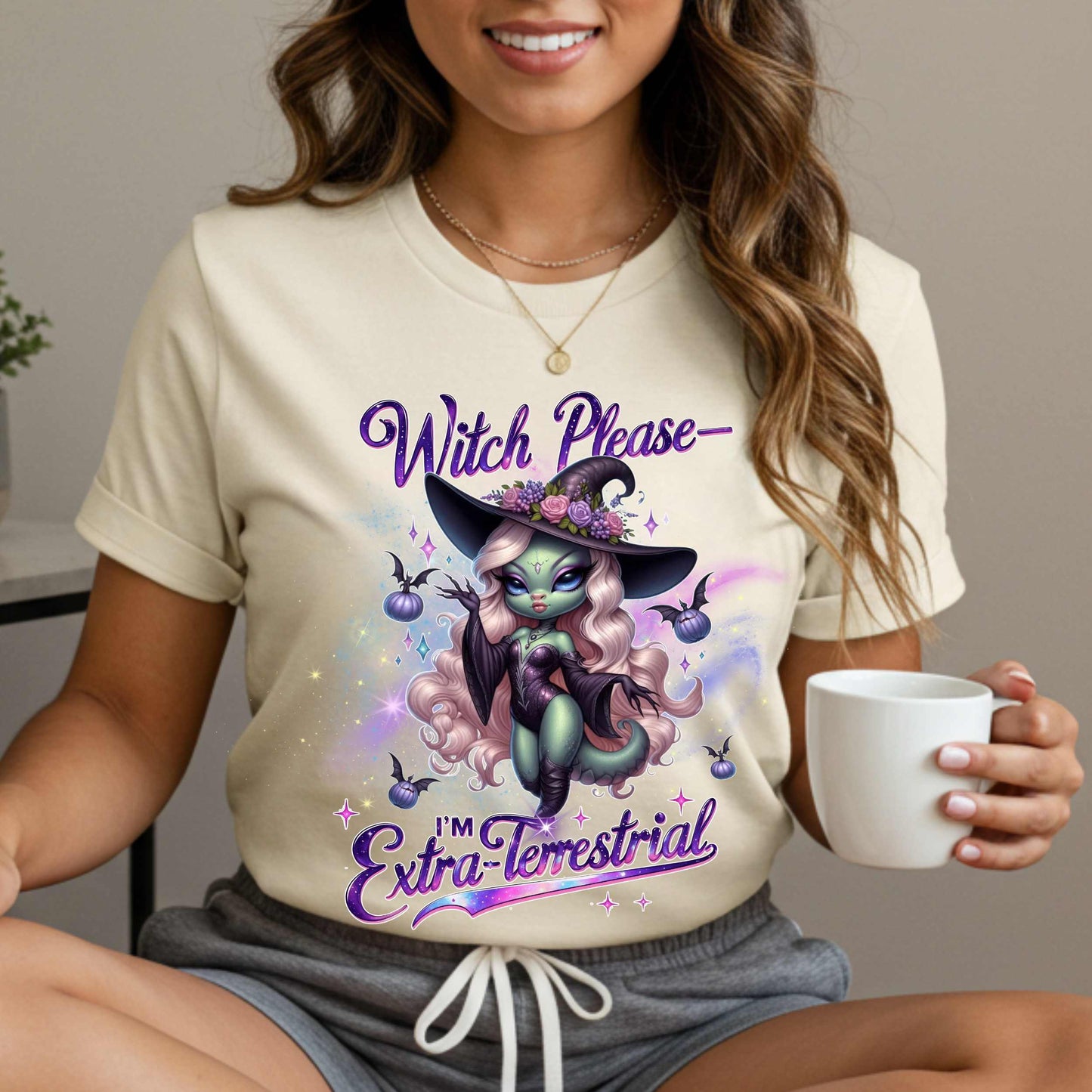 Funny alien witch Halloween shirt with “Witch Please, I’m Extra-Terrestrial” for women who are out of this world and fully over Earth people. Featuring a glam galaxy babe in witch gear, this tee brings spooky sarcasm, space vibes, and a whole lot of sass.