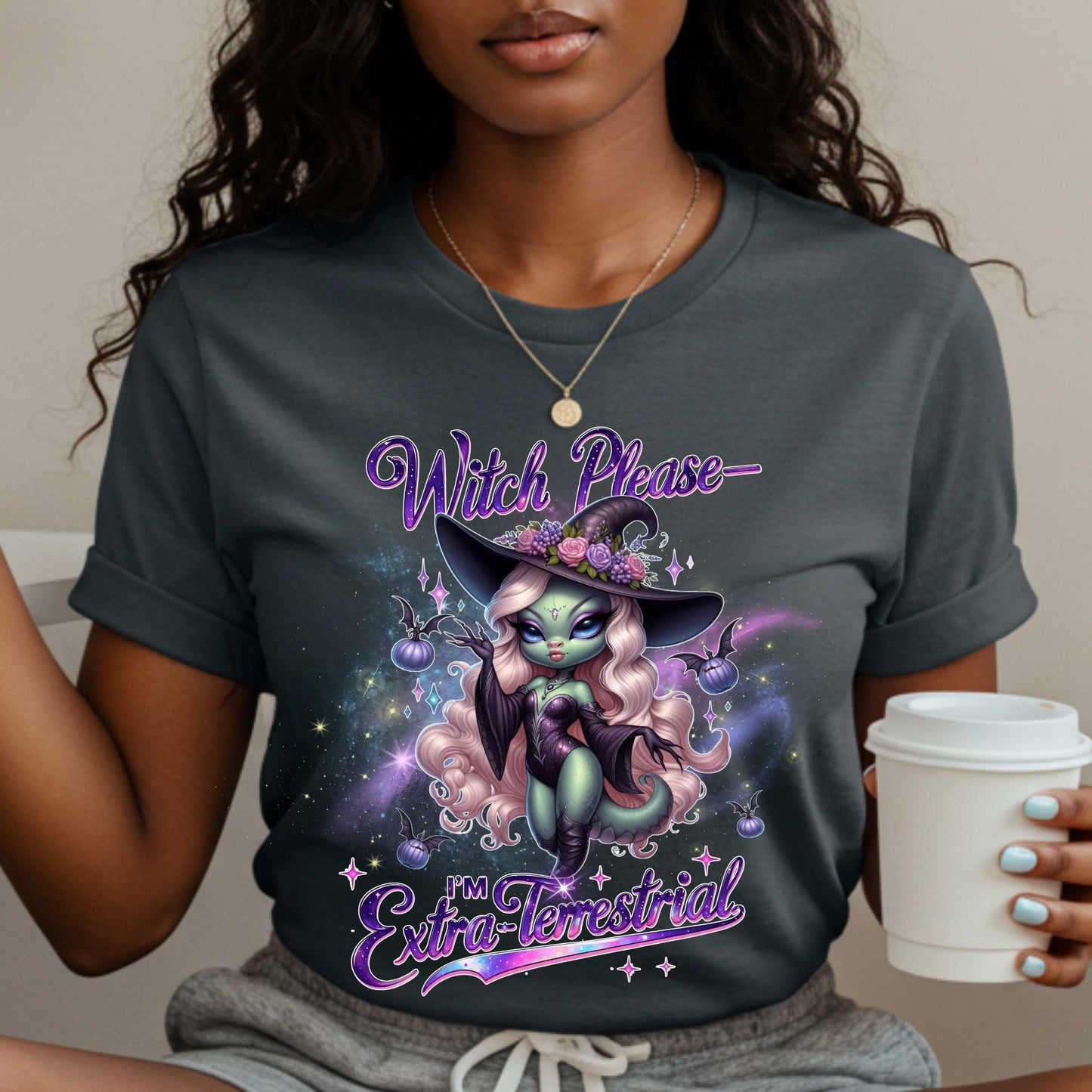 Funny alien witch Halloween shirt with “Witch Please, I’m Extra-Terrestrial” for women who are out of this world and fully over Earth people. Featuring a glam galaxy babe in witch gear, this tee brings spooky sarcasm, space vibes, and a whole lot of sass.
