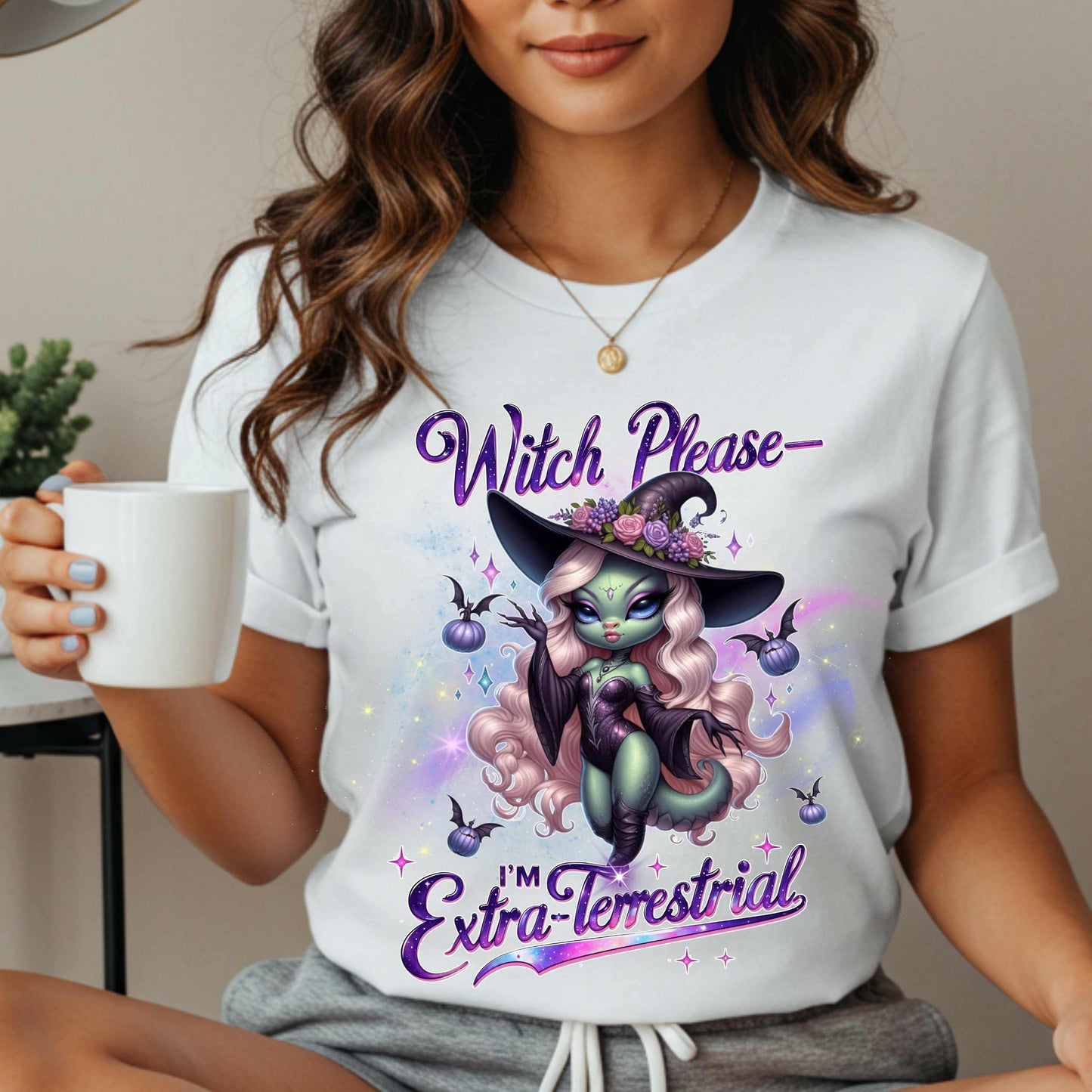 Funny alien witch Halloween shirt with “Witch Please, I’m Extra-Terrestrial” for women who are out of this world and fully over Earth people. Featuring a glam galaxy babe in witch gear, this tee brings spooky sarcasm, space vibes, and a whole lot of sass.