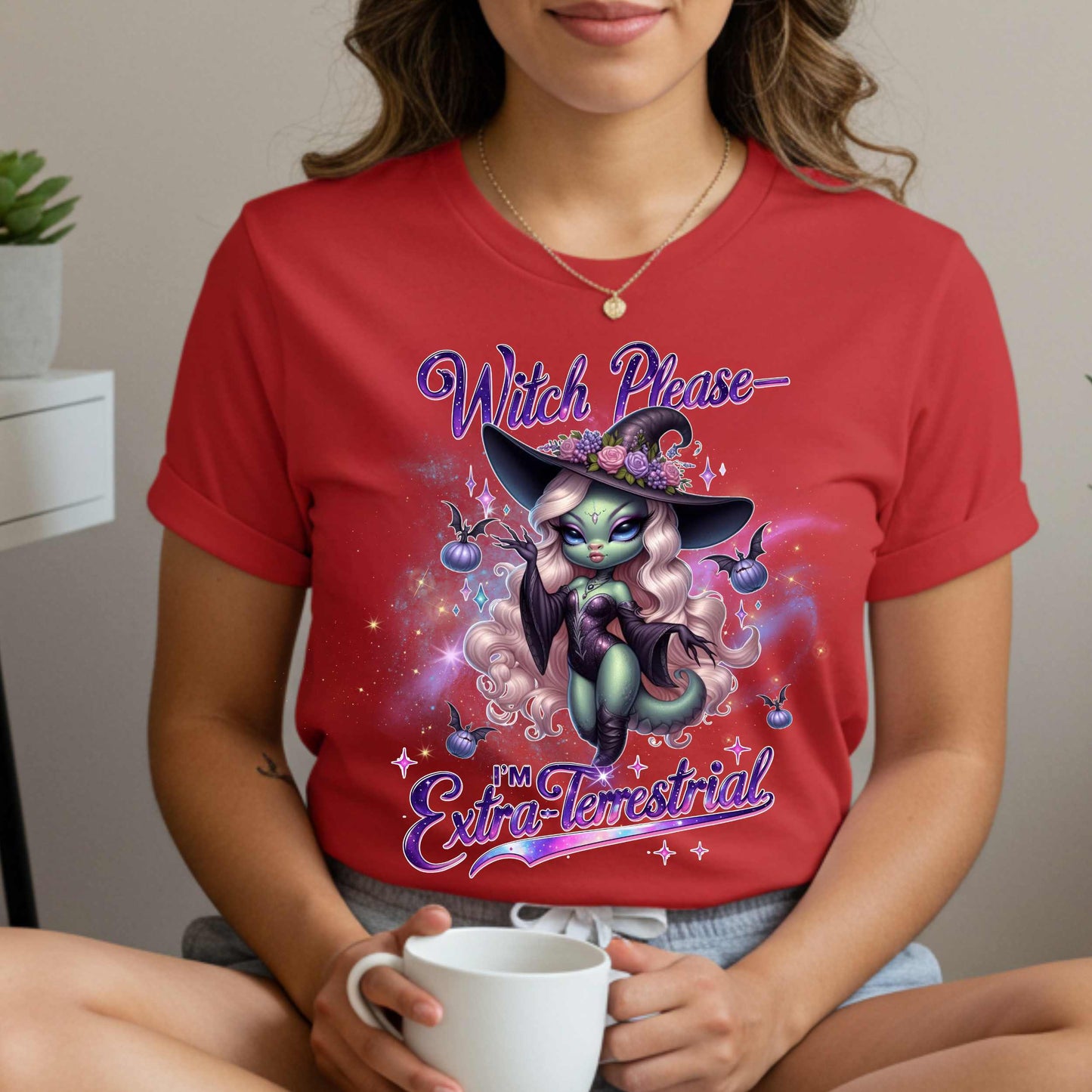 Funny alien witch Halloween shirt with “Witch Please, I’m Extra-Terrestrial” for women who are out of this world and fully over Earth people. Featuring a glam galaxy babe in witch gear, this tee brings spooky sarcasm, space vibes, and a whole lot of sass.