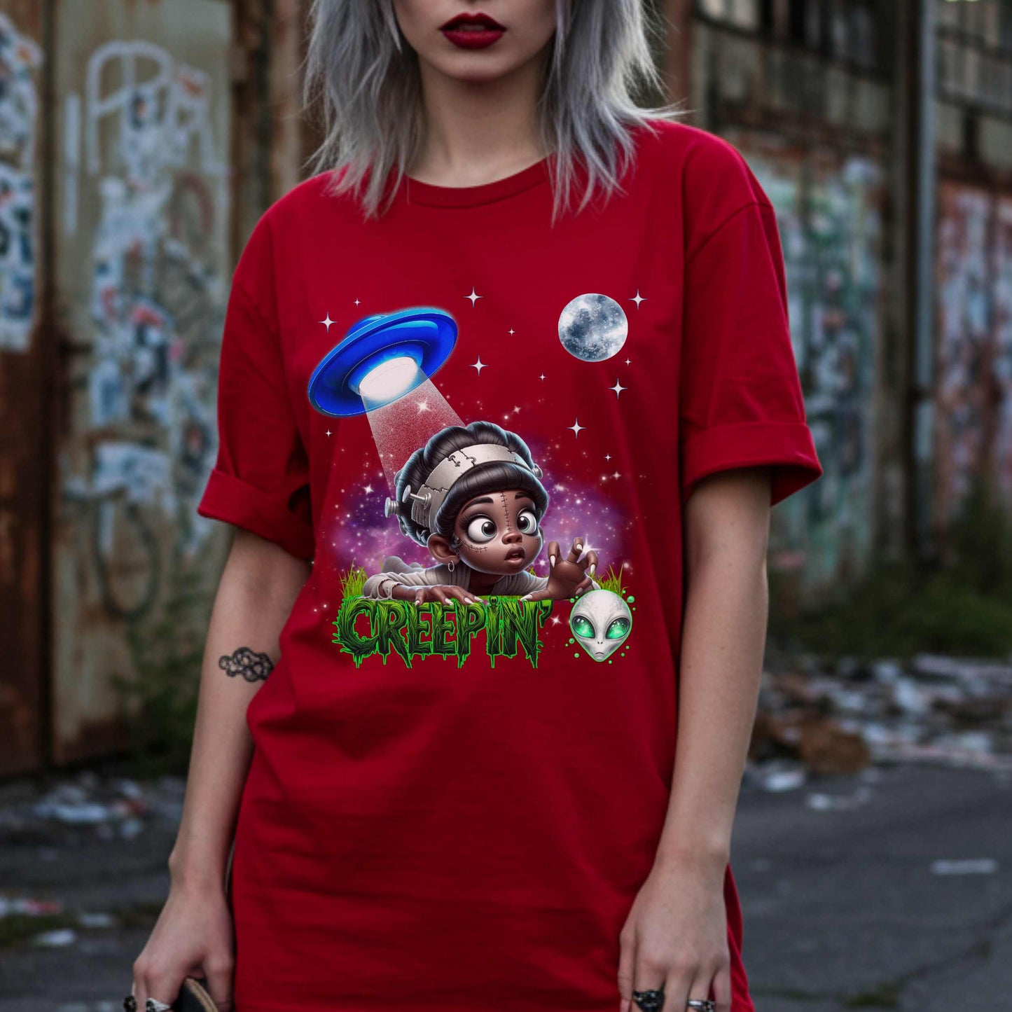 Alien Halloween shirt lovers, you’ve officially been abducted by style. This hilarious "Creepin’" tee features a wide-eyed space cadet mid-beam-up by a UFO—and yes, he’s just as confused as you are after one too many Halloween party shots.