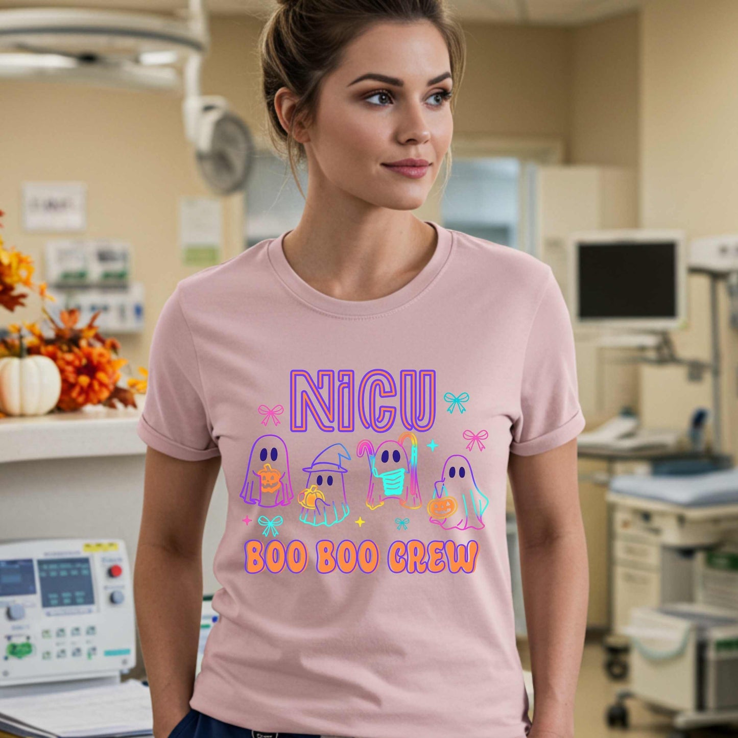 Paging the Boo Boo Crew! When your patients weigh less than a pumpkin spice latte but your shifts are heavy on the chaos, this tee is your Halloween badge of honor. Rock this glow-in-the-dark-inspired NICU nurse shirt featuring the spookiest (and cutest) squad of ghostly caregivers ever.