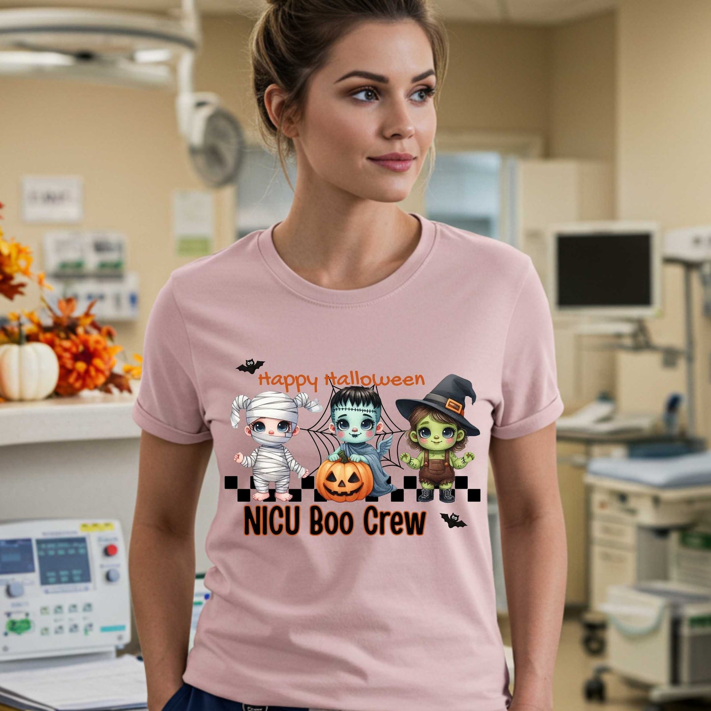 Calling all tiny patient protectors and ghoulishly good caregivers—this one's for the NICU Boo Crew! Featuring the cutest baby-sized monsters you've ever seen, this Halloween shirt is perfect for nurses who know that saving lives takes both heart and humor.
