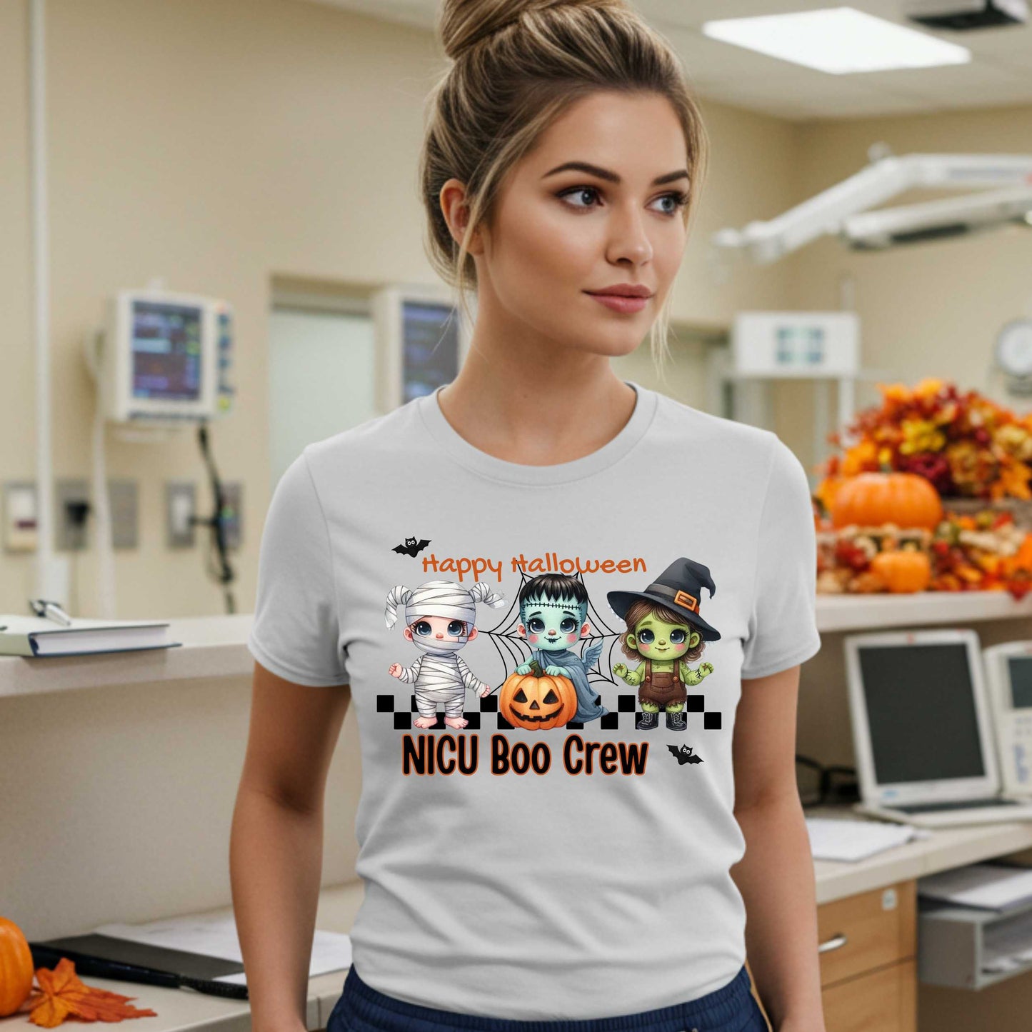 Calling all tiny patient protectors and ghoulishly good caregivers—this one's for the NICU Boo Crew! Featuring the cutest baby-sized monsters you've ever seen, this Halloween shirt is perfect for nurses who know that saving lives takes both heart and humor.