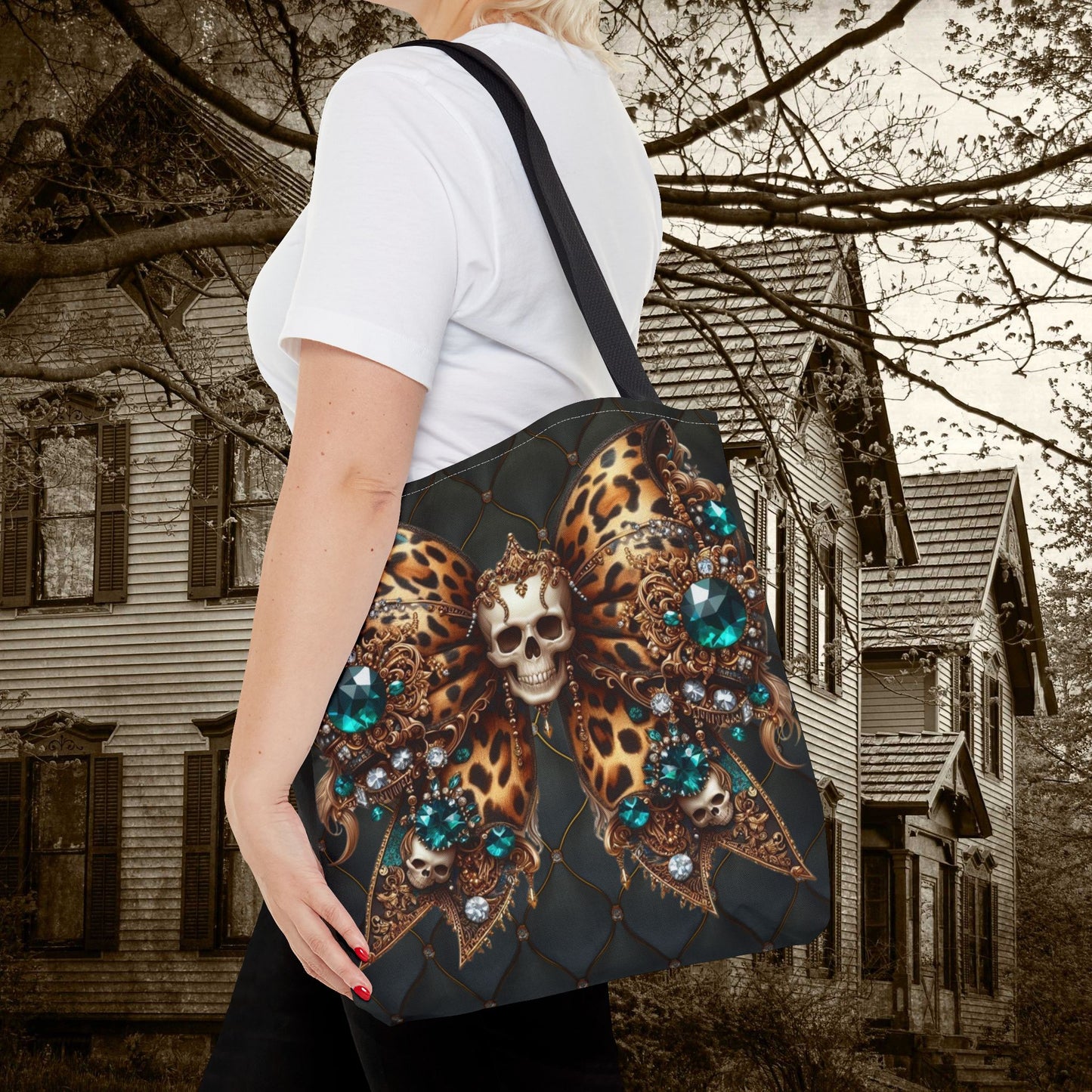 Halloween Reuseable Gothic Tote Bag, Edgy Coquette Bow and Skull Design