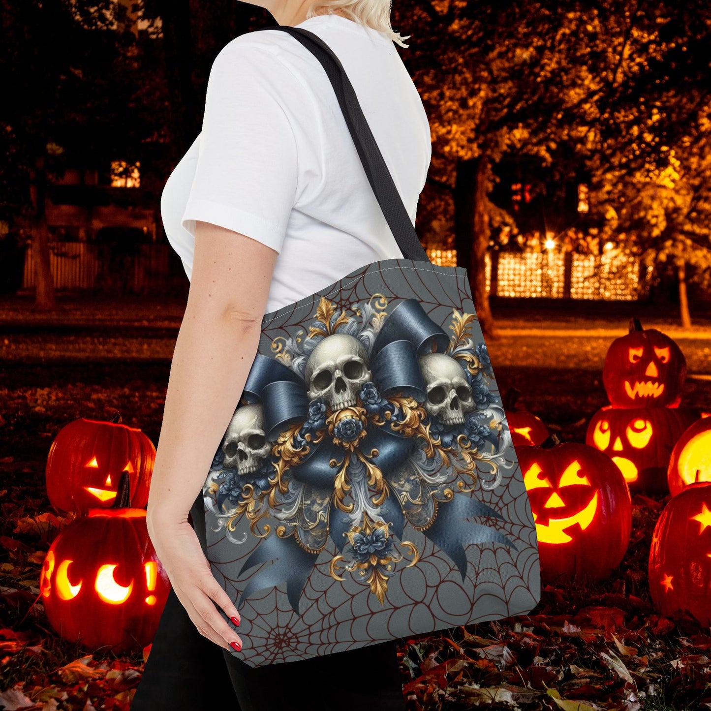 Elegant Skull & Ribbon Halloween Tote Bag – Gothic Glam Reusable Trick-or-Treat Bag