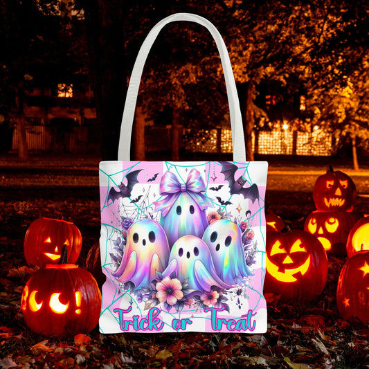 Halloween Ghosts Tote Bag, Pink and White Reuseable Eco Friendly Trick or Treat Bag, Candy Bag for Kids