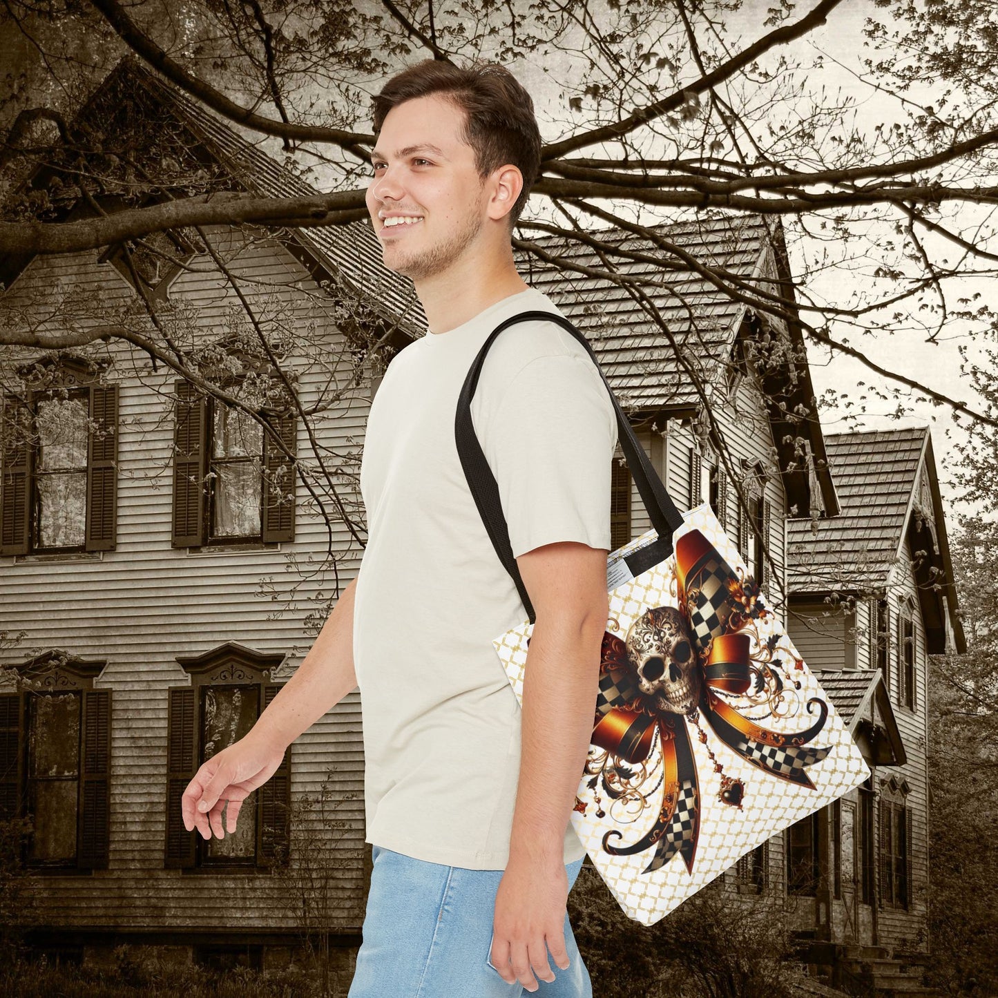 Gothic Halloween Skull Bow Reuseable Bag, Spooky Chic Trick or Treat Bag