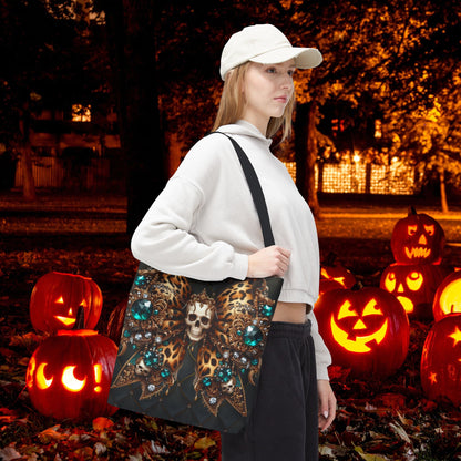 Halloween Reuseable Gothic Tote Bag, Edgy Coquette Bow and Skull Design