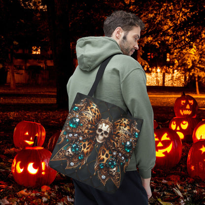 Halloween Reuseable Gothic Tote Bag, Edgy Coquette Bow and Skull Design