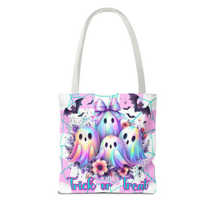 Halloween Ghosts Tote Bag, Pink and White Reuseable Eco Friendly Trick or Treat Bag, Candy Bag for Kids