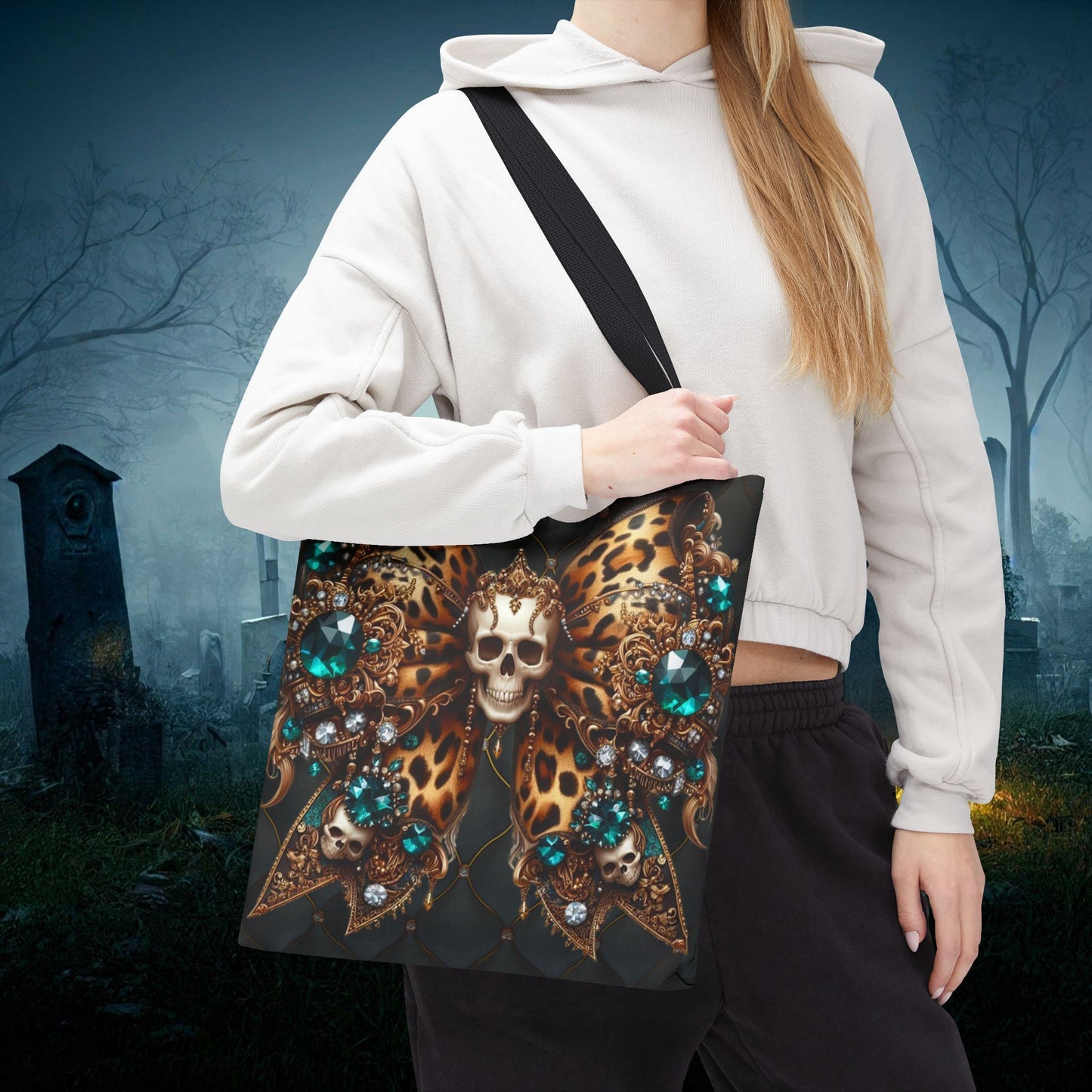 Halloween Reuseable Gothic Tote Bag, Edgy Coquette Bow and Skull Design