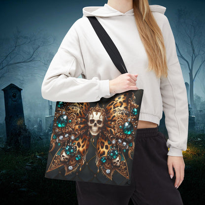 Halloween Reuseable Gothic Tote Bag, Edgy Coquette Bow and Skull Design