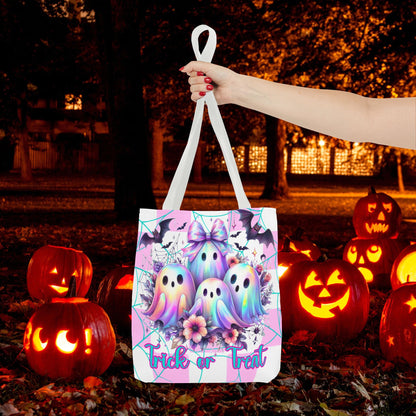 Halloween Ghosts Tote Bag, Pink and White Reuseable Eco Friendly Trick or Treat Bag, Candy Bag for Kids
