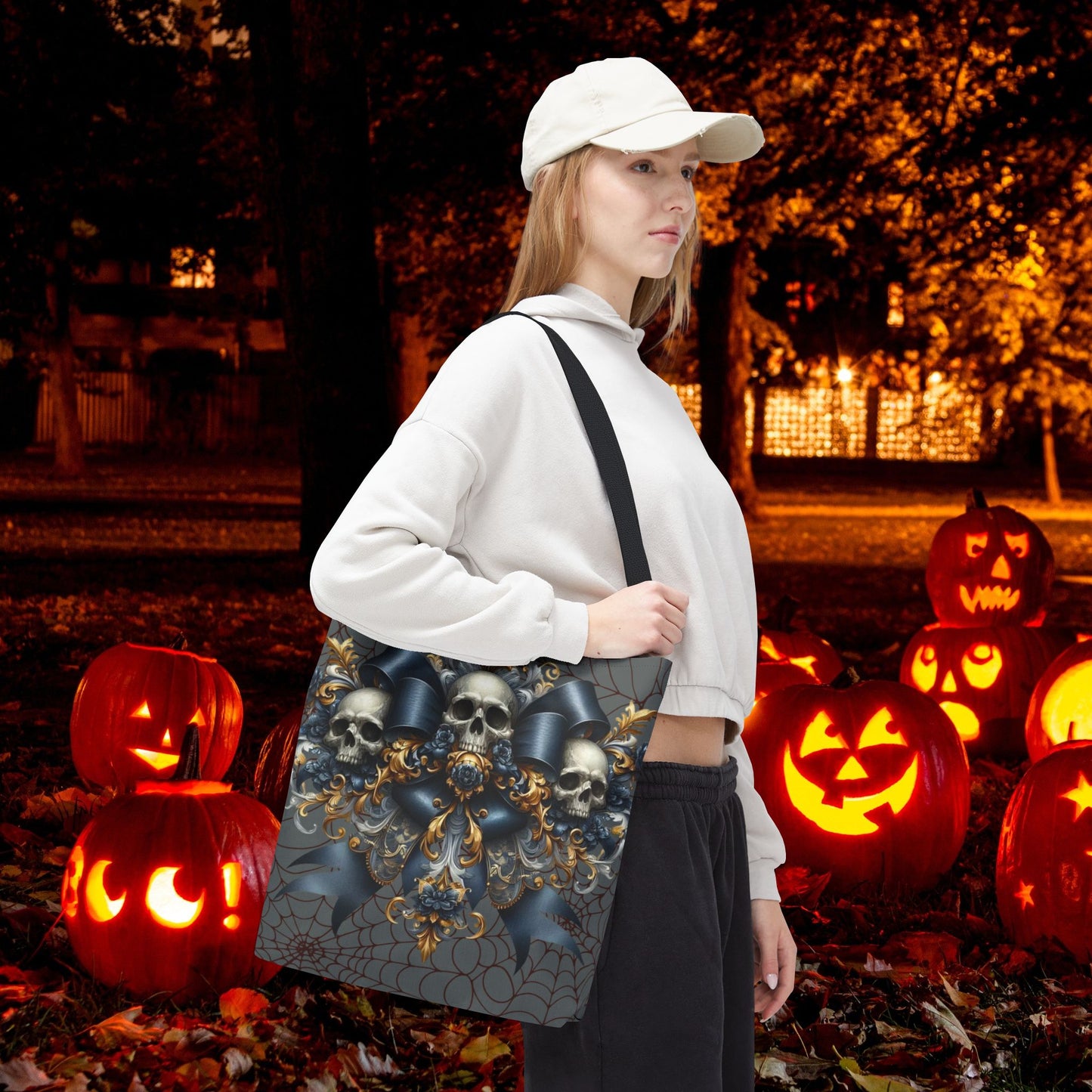 Elegant Skull & Ribbon Halloween Tote Bag – Gothic Glam Reusable Trick-or-Treat Bag
