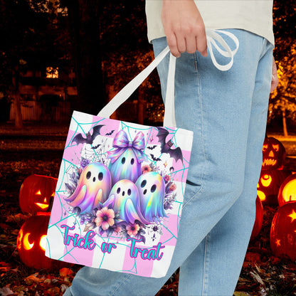 Halloween Ghosts Tote Bag, Pink and White Reuseable Eco Friendly Trick or Treat Bag, Candy Bag for Kids