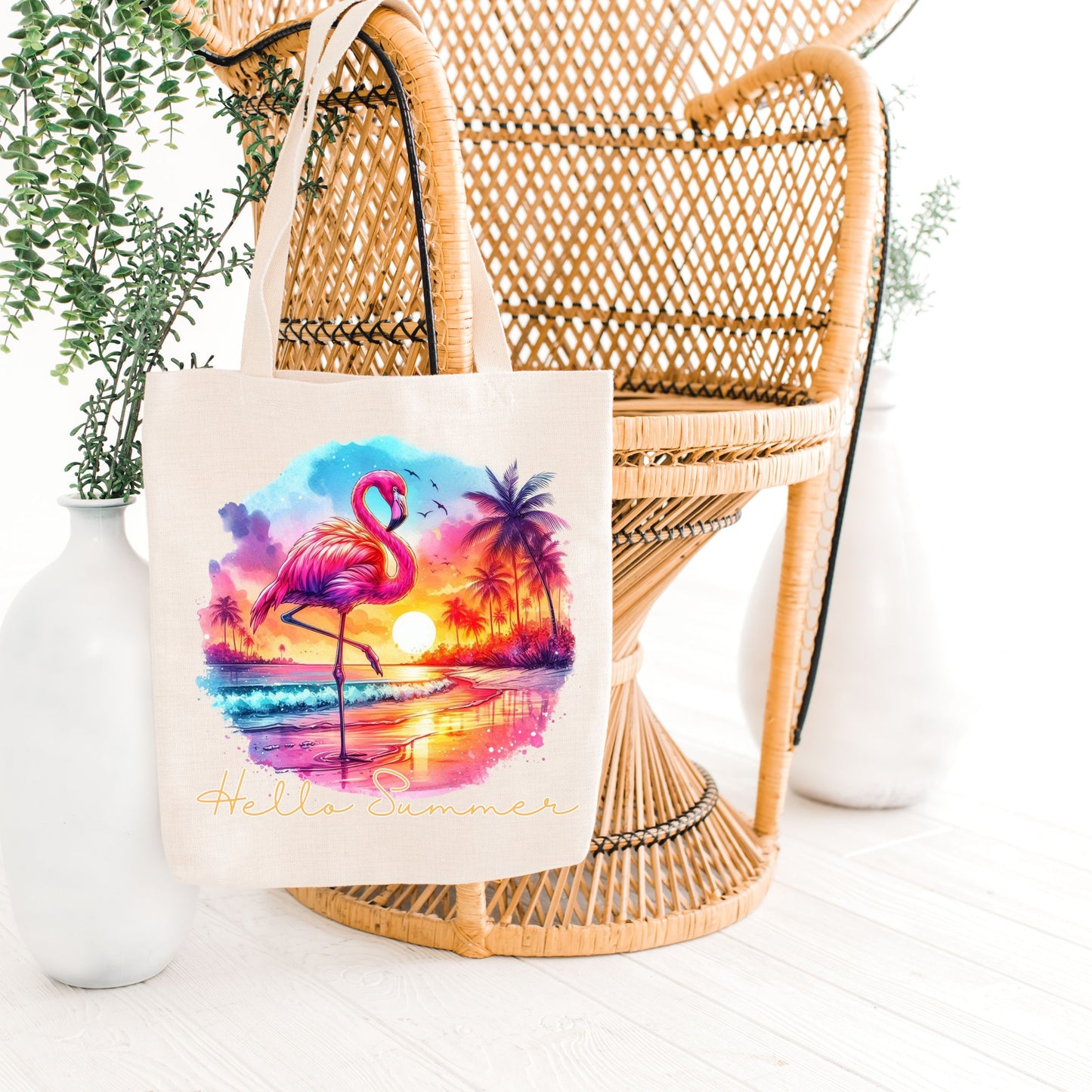 Hello Summer Flamingo Tote Bag, Tropical Vacation Mood