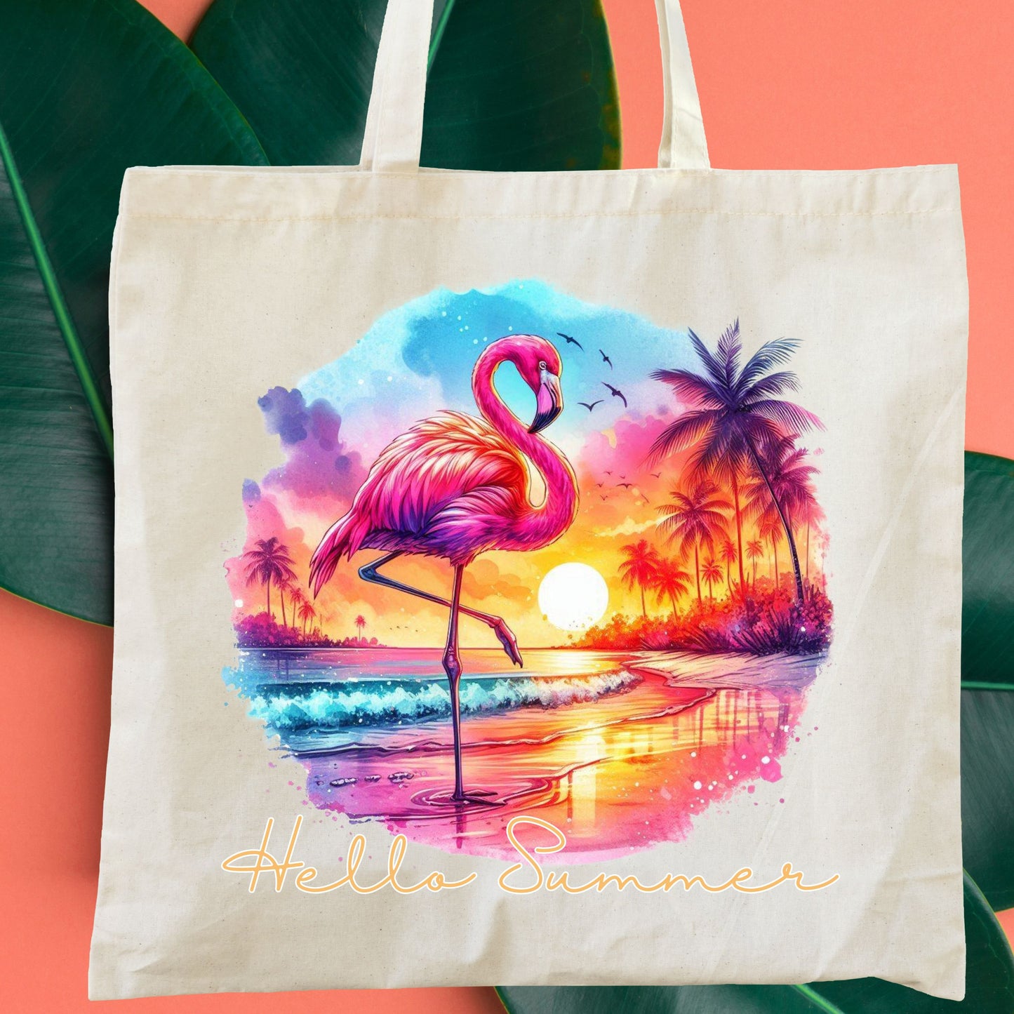 Hello Summer Flamingo Tote Bag, Tropical Vacation Mood