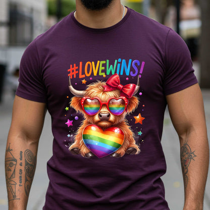 Love Wins, LGBTQ+ Rainbow Highland Cow Pride T-Shirt
