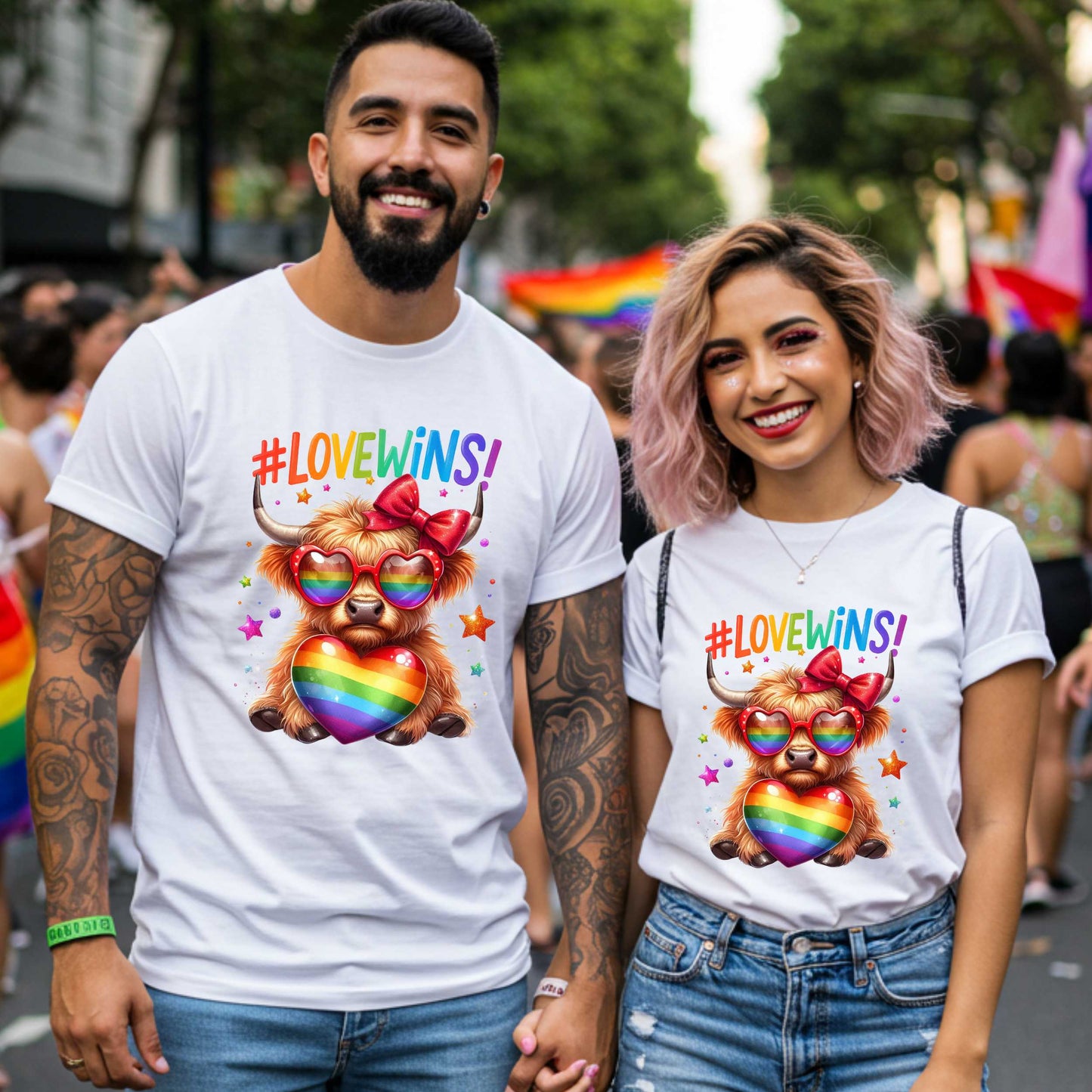 Love Wins, LGBTQ+ Rainbow Highland Cow Pride T-Shirt