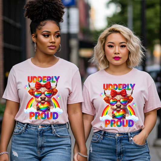 LGBTQ+ Pride Tee, Udderly Proud Rainbow Highland Cow T-Shirt