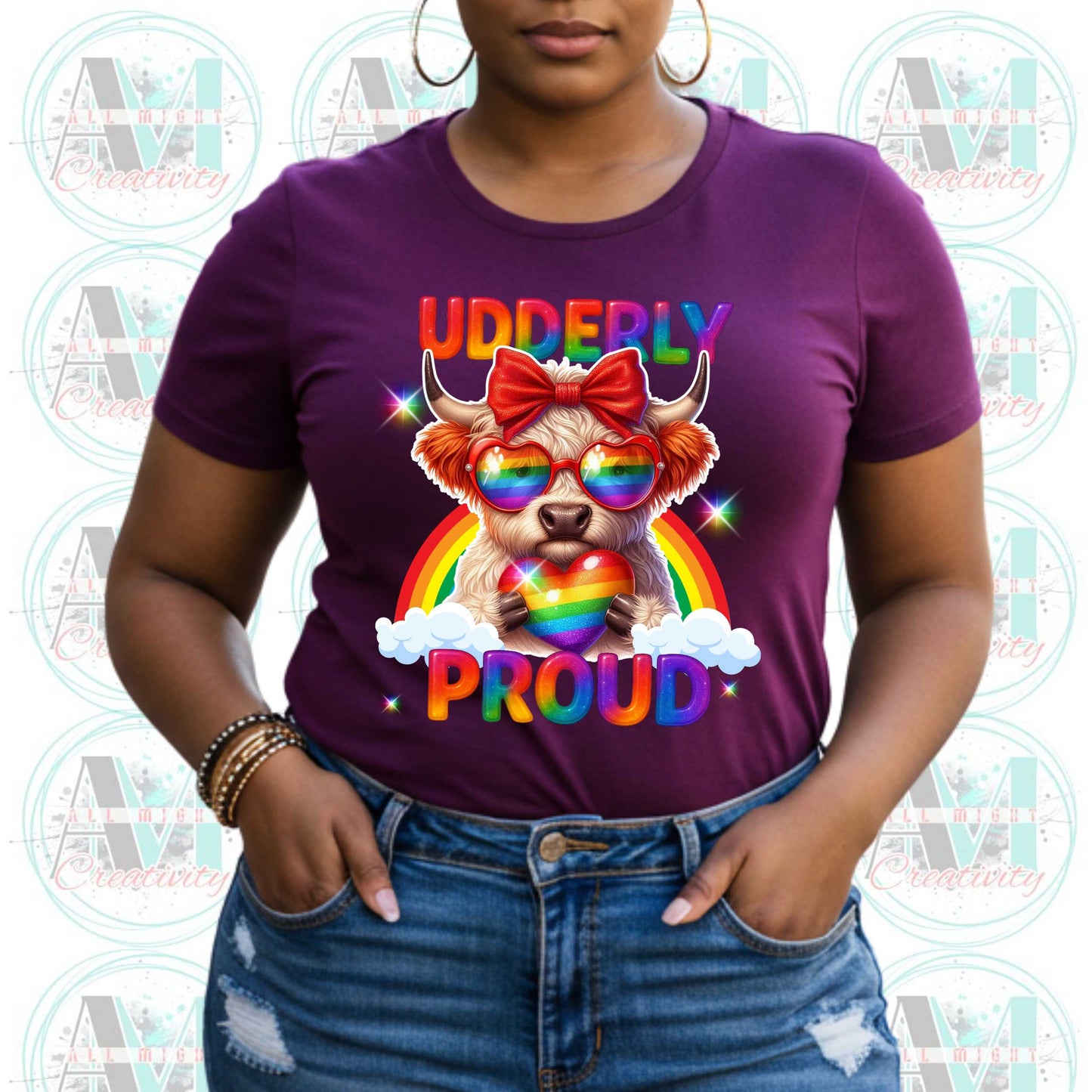 LGBTQ+ Pride Tee, Udderly Proud Rainbow Highland Cow T-Shirt