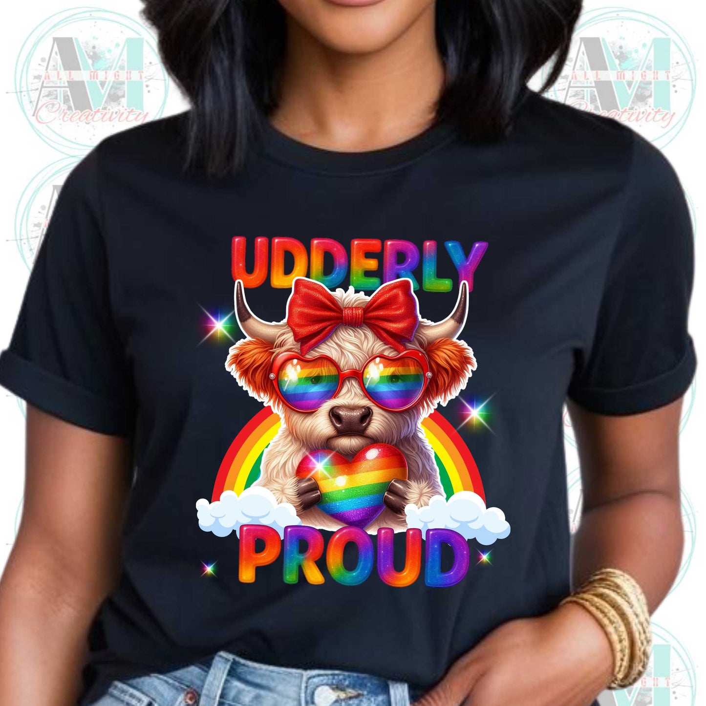 LGBTQ+ Pride Tee, Udderly Proud Rainbow Highland Cow T-Shirt