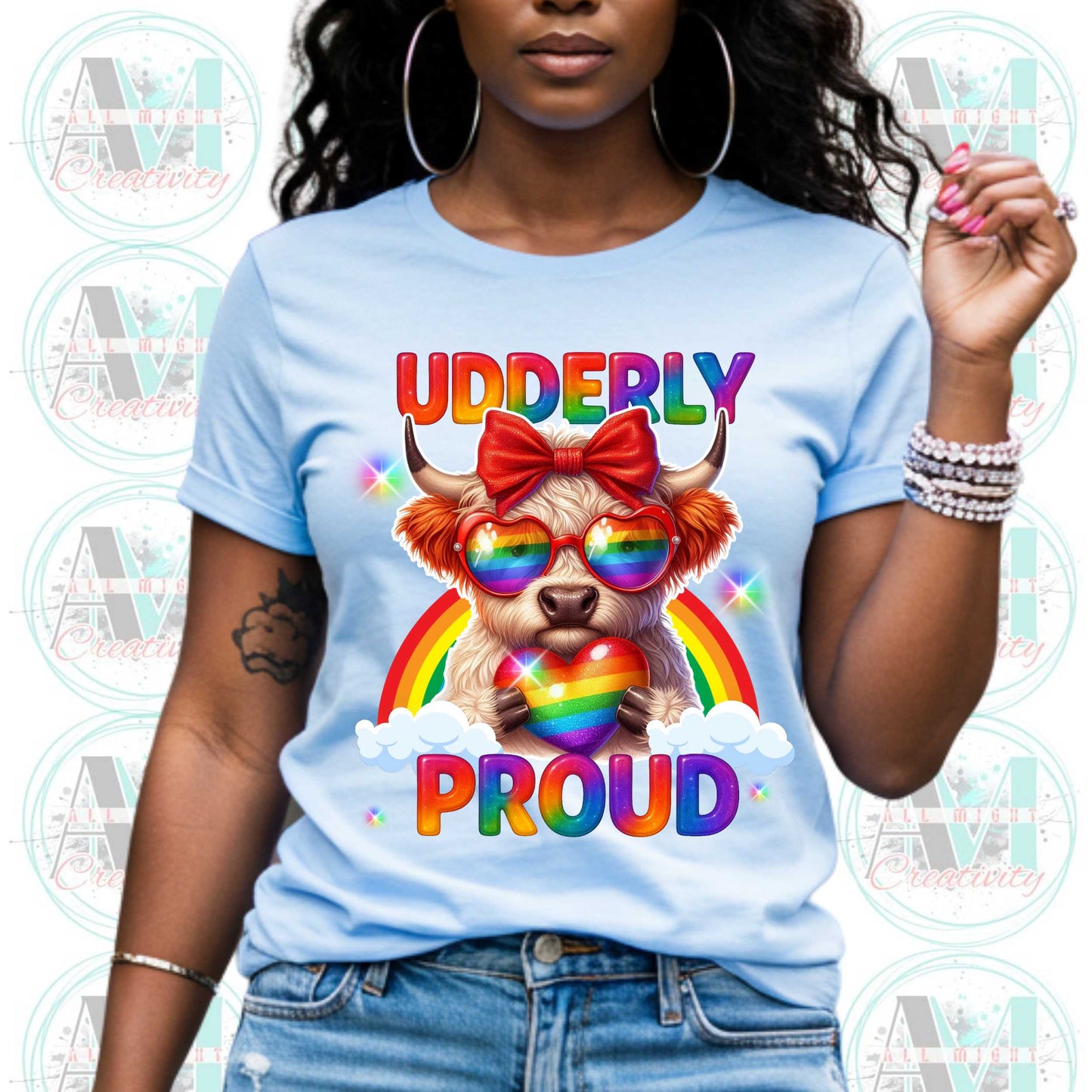 LGBTQ+ Pride Tee, Udderly Proud Rainbow Highland Cow T-Shirt