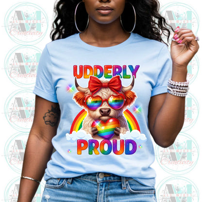LGBTQ+ Pride Tee, Udderly Proud Rainbow Highland Cow T-Shirt