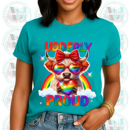 LGBTQ+ Pride Tee, Udderly Proud Rainbow Highland Cow T-Shirt