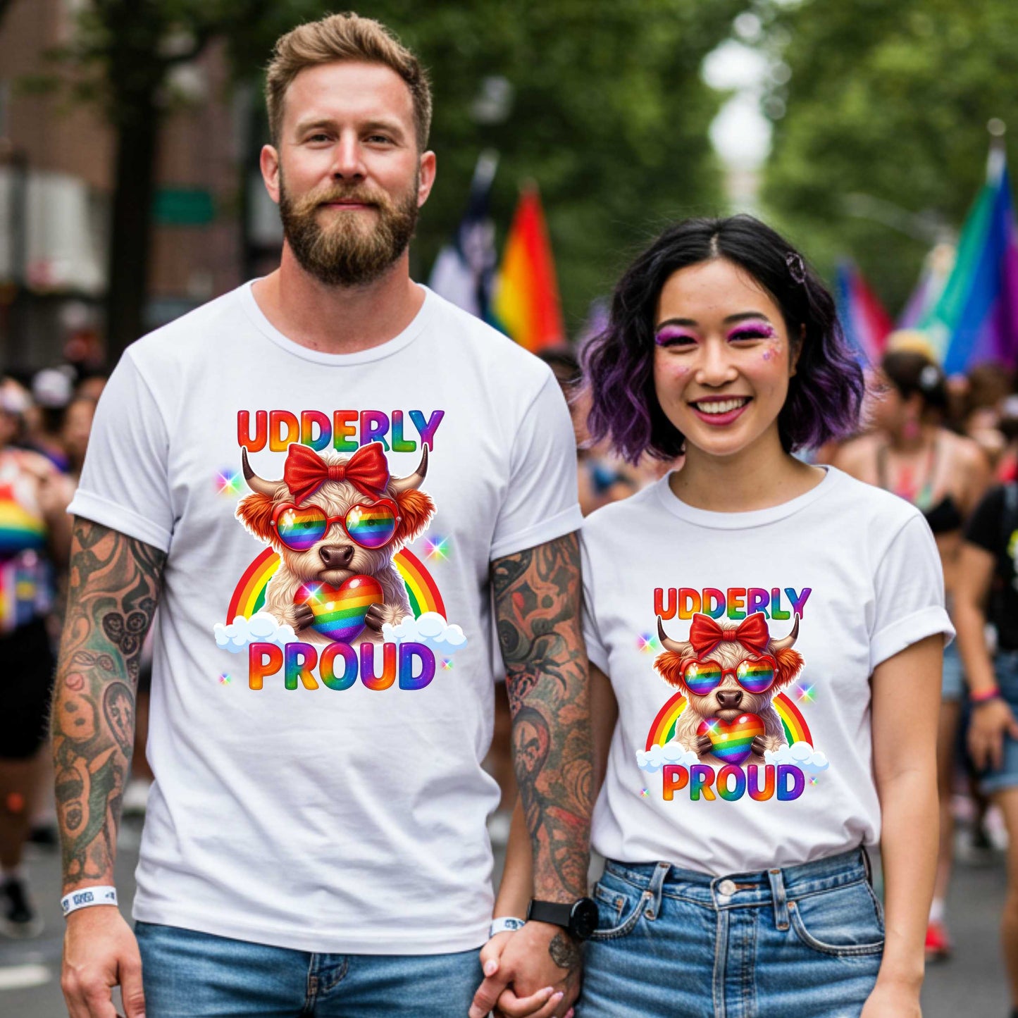 LGBTQ+ Pride Tee, Udderly Proud Rainbow Highland Cow T-Shirt