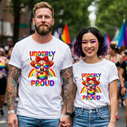 LGBTQ+ Pride Tee, Udderly Proud Rainbow Highland Cow T-Shirt
