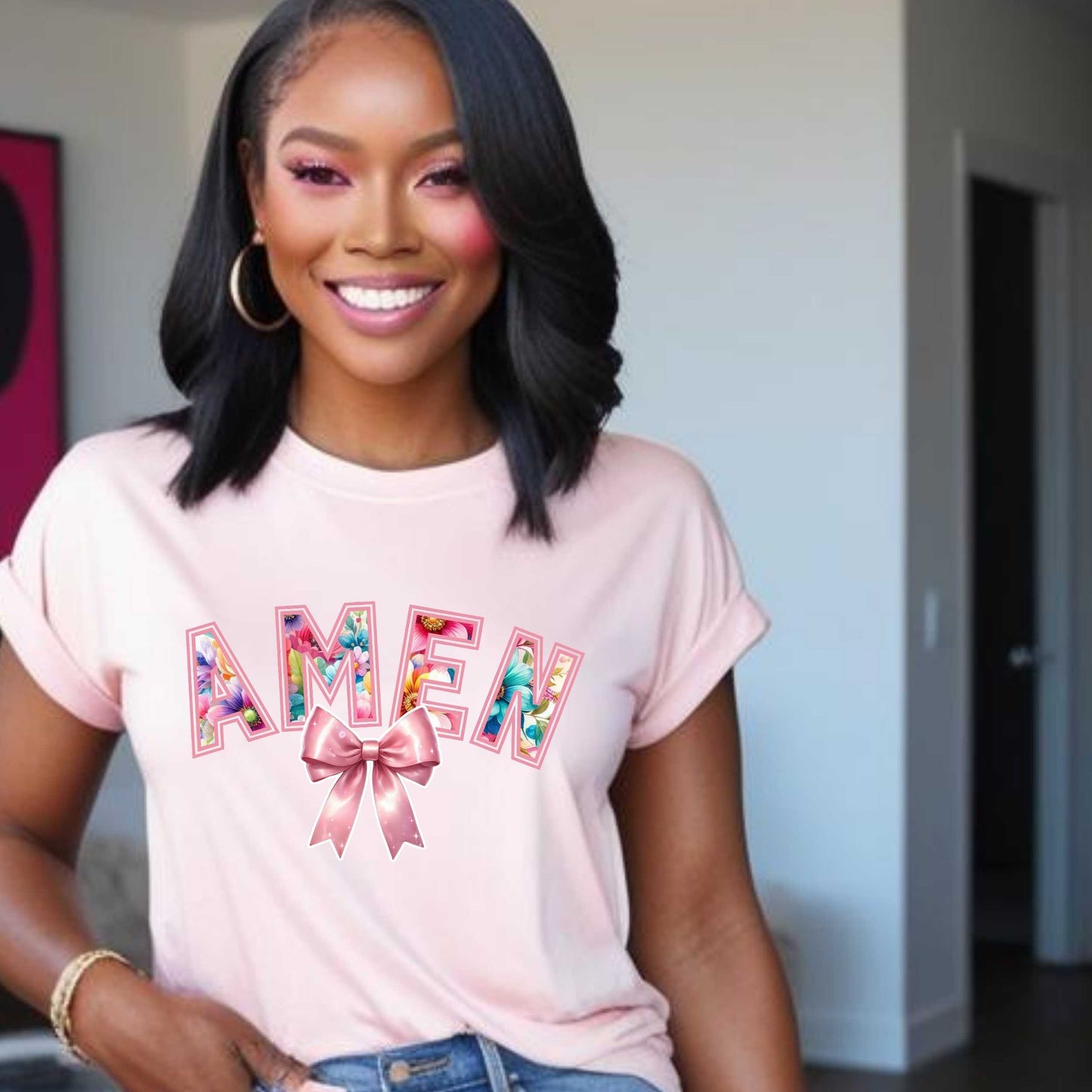 Amen Floral Christian T-Shirt, Christian Faith Based Graphic Tee for Women