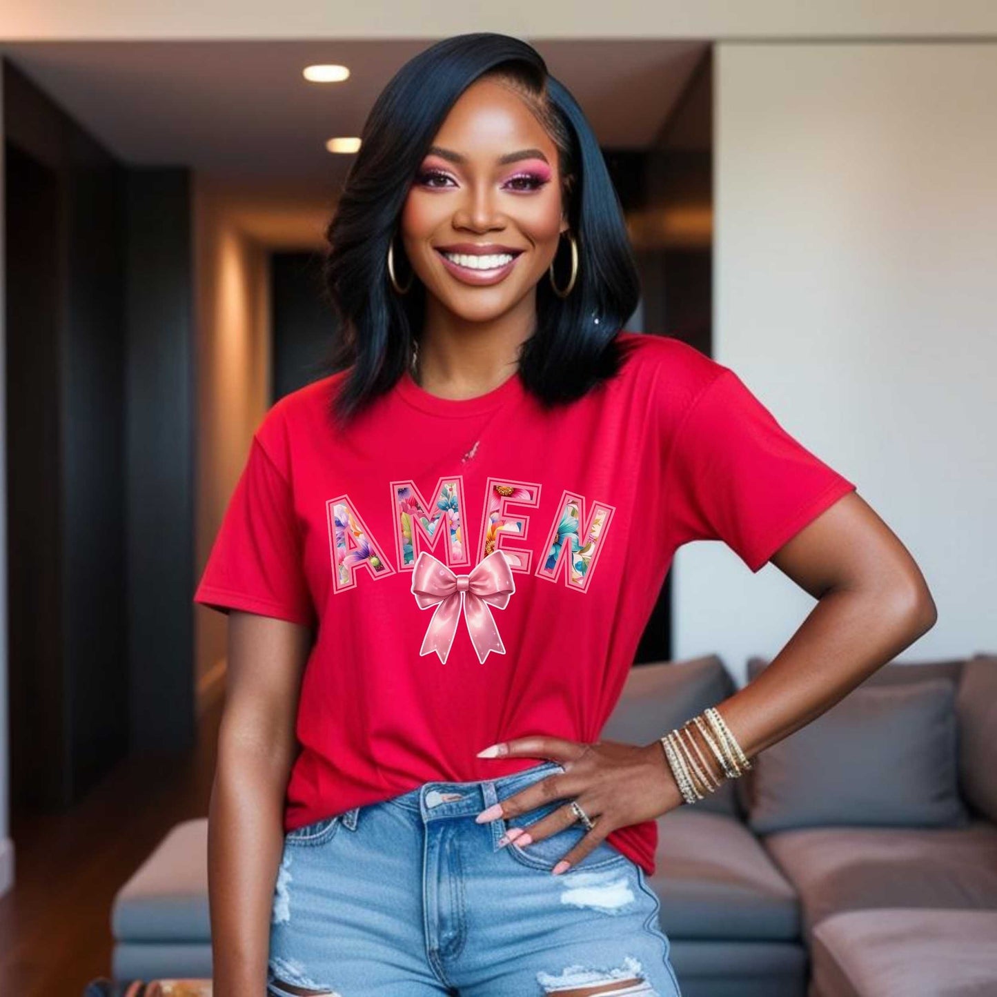 Amen Floral Christian T-Shirt, Christian Faith Based Graphic Tee for Women