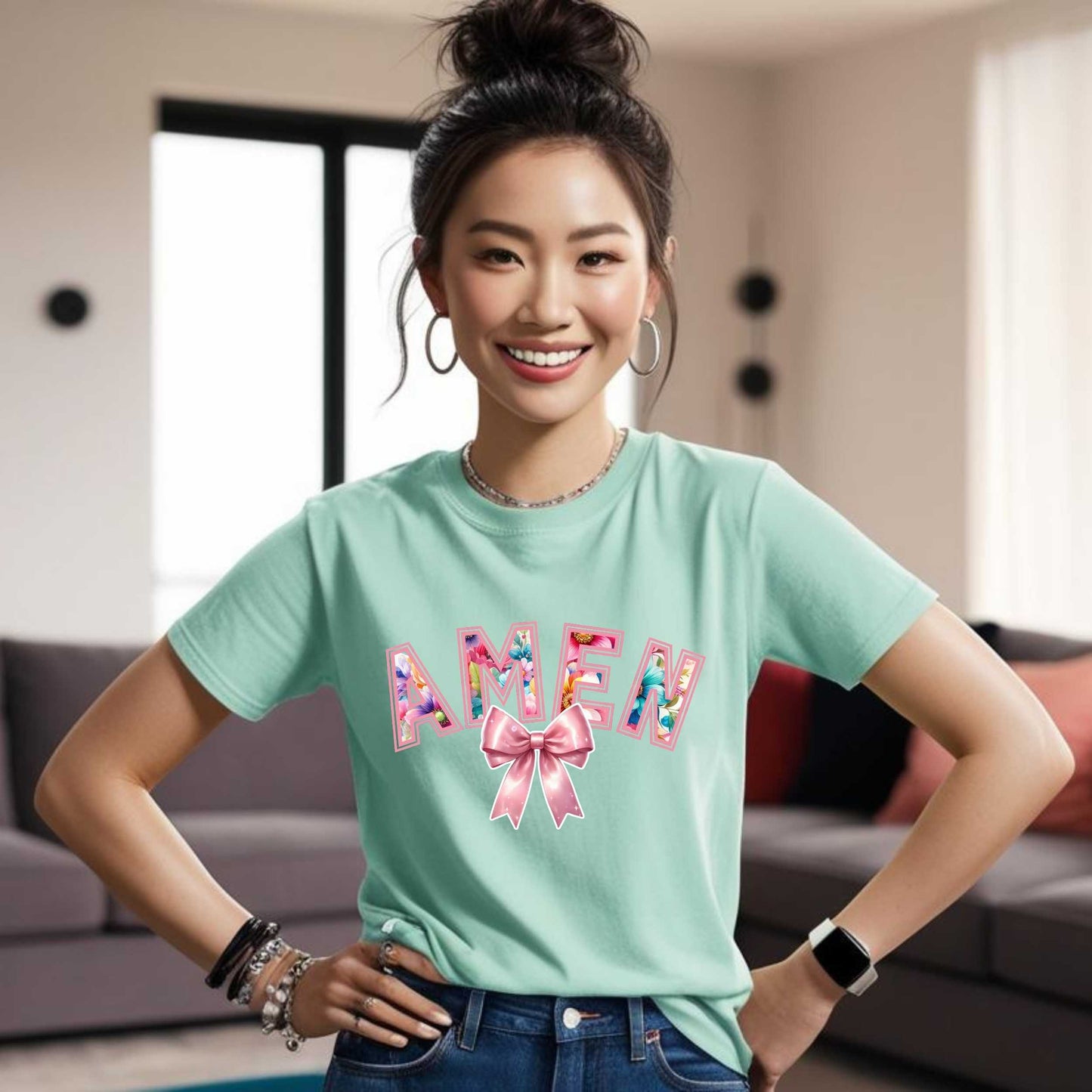 Amen Floral Christian T-Shirt, Christian Faith Based Graphic Tee for Women