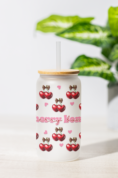 Cherry Bomb Glass Sipper Cup, Cute Retro Leopard Print 16oz, Reusable Drinkware