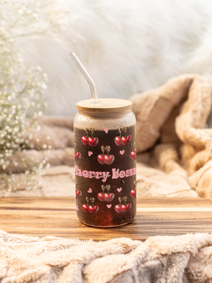 Cherry Bomb Glass Sipper Cup, Cute Retro Leopard Print 16oz, Reusable Drinkware