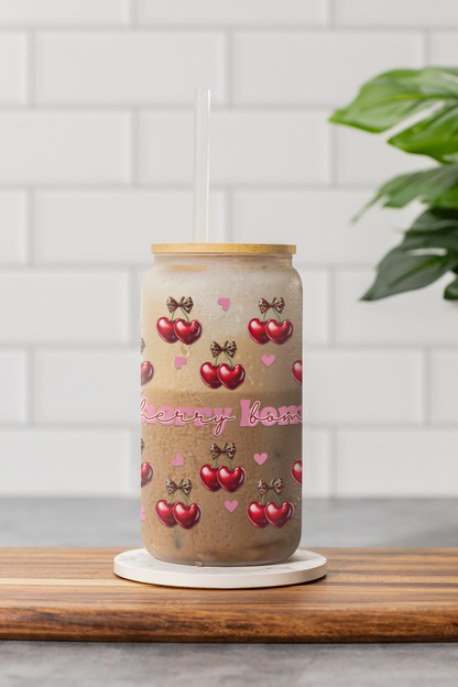 Cherry Bomb Glass Sipper Cup, Cute Retro Leopard Print 16oz, Reusable Drinkware