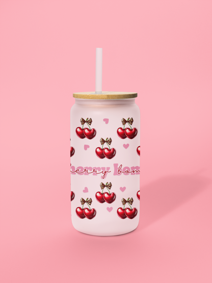 Cherry Bomb Glass Sipper Cup, Cute Retro Leopard Print 16oz, Reusable Drinkware