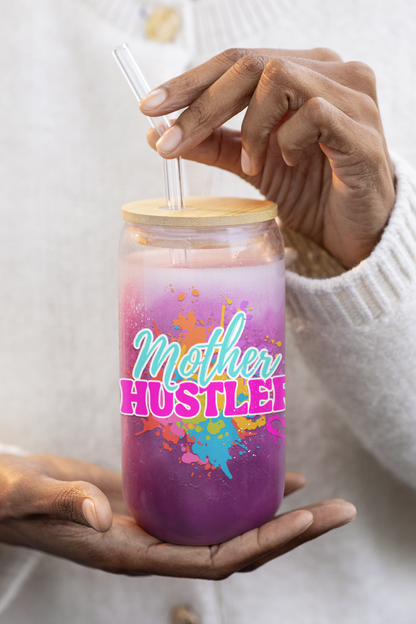 Mother Hustler Sipper Glass | 16oz Motivational Drinking Jar, Gift for Moms