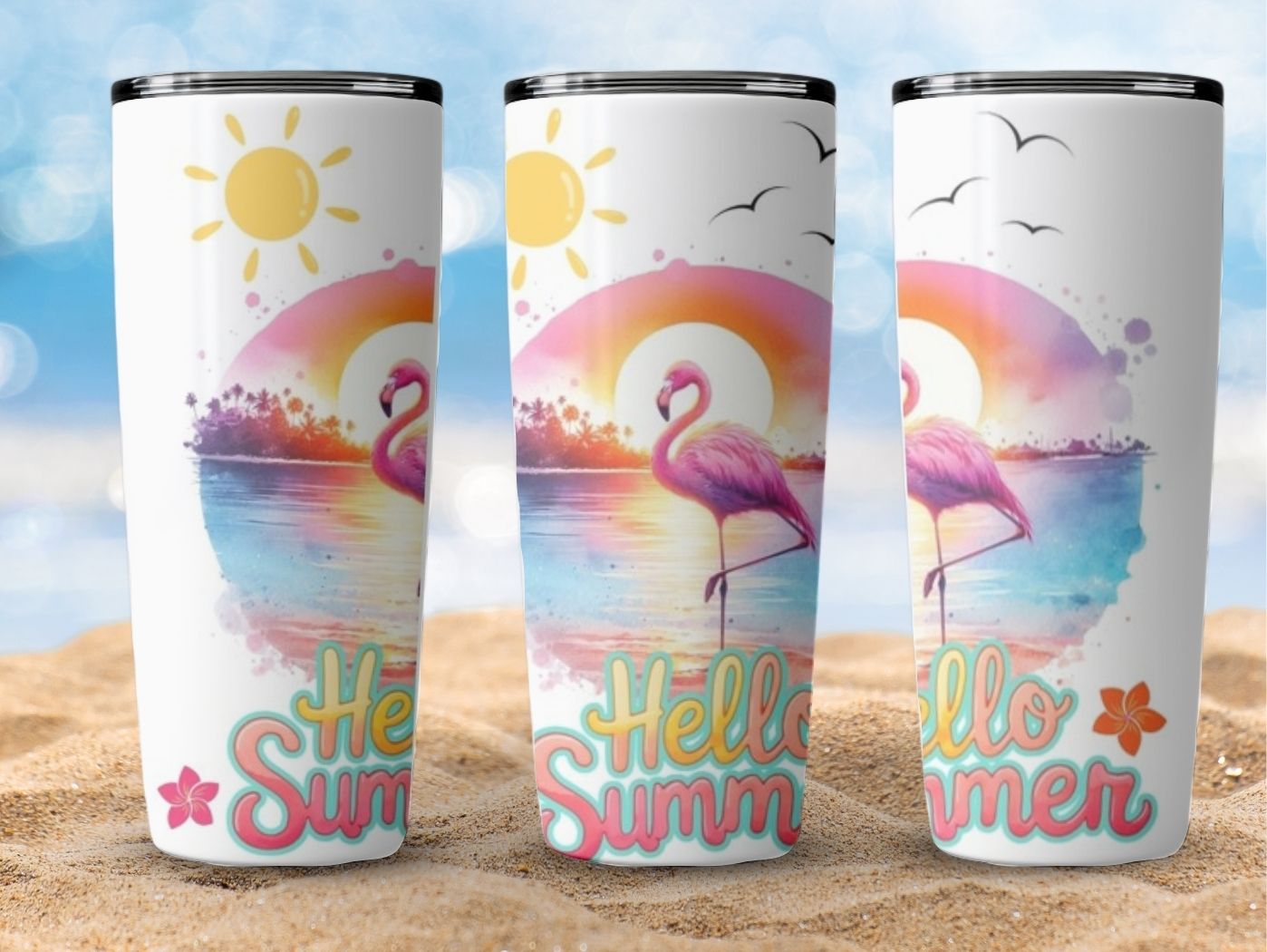 Hello Summer Flamingo Tumbler, Summertime Tropical Tumbler
