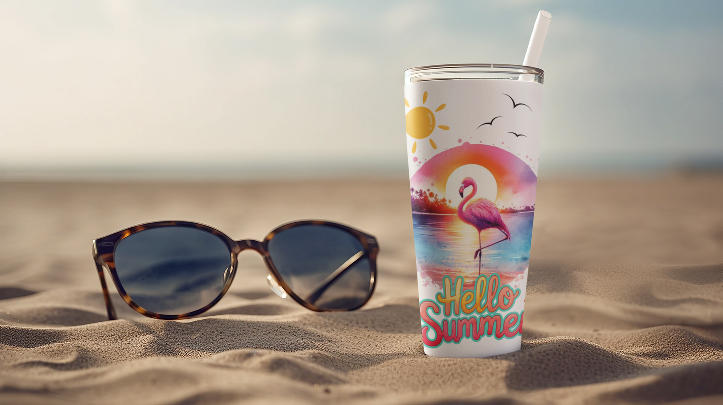 Hello Summer Flamingo Tumbler, Summertime Tropical Tumbler